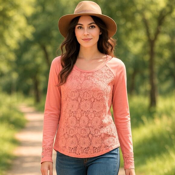 Sundance Pink Long Sleeve Crochet Lace Overlay Top Button Cuffs Sz M Boho Chic - Picture 1 of 7